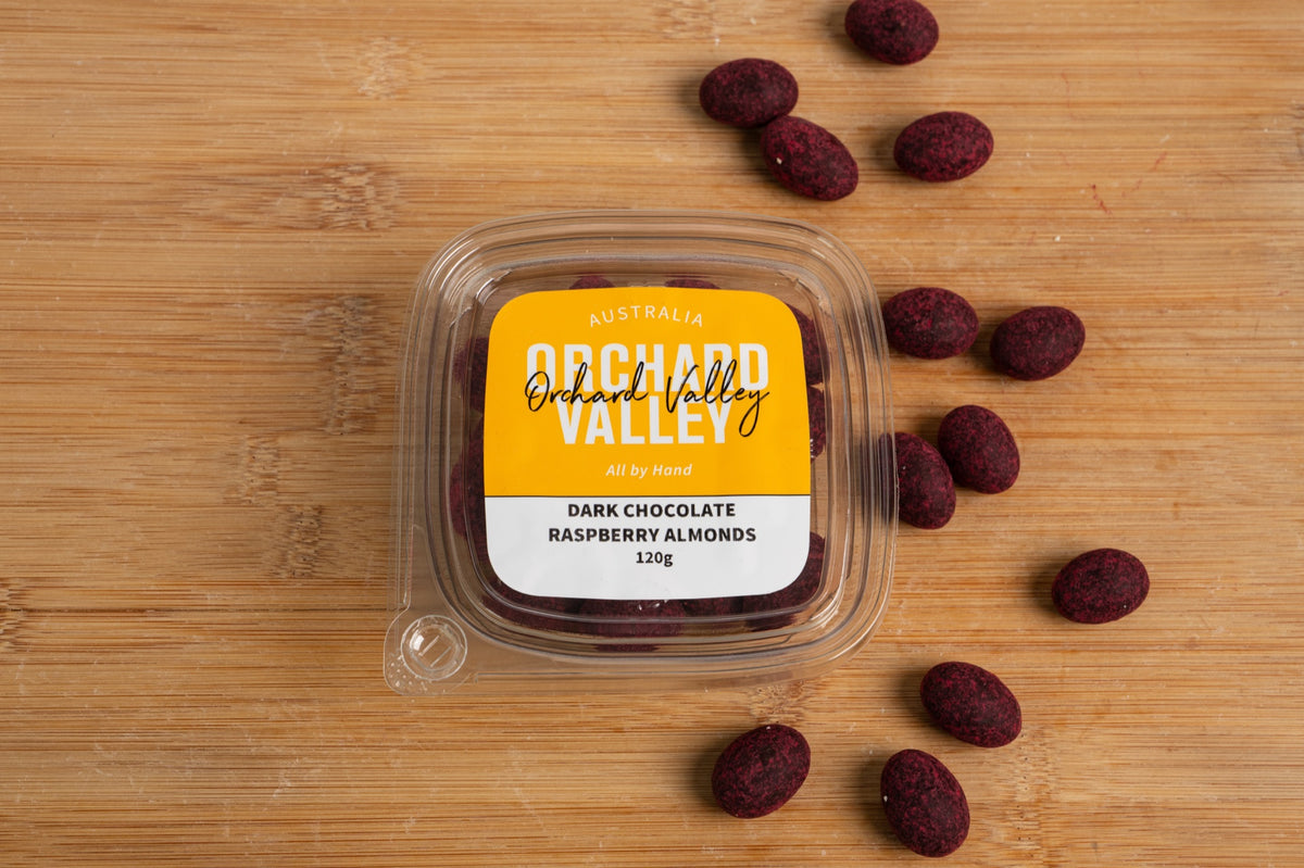 Orchard Valley Dark Chocolate Raspberry Almonds 120g tub