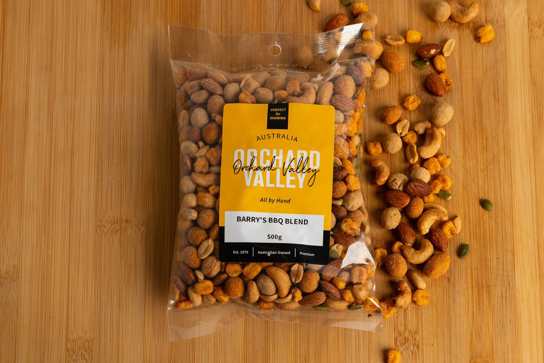 Orchard Valley Barry's BBQ Blend large packet — BBQ-seasoned nuts and corn nuts for sharing