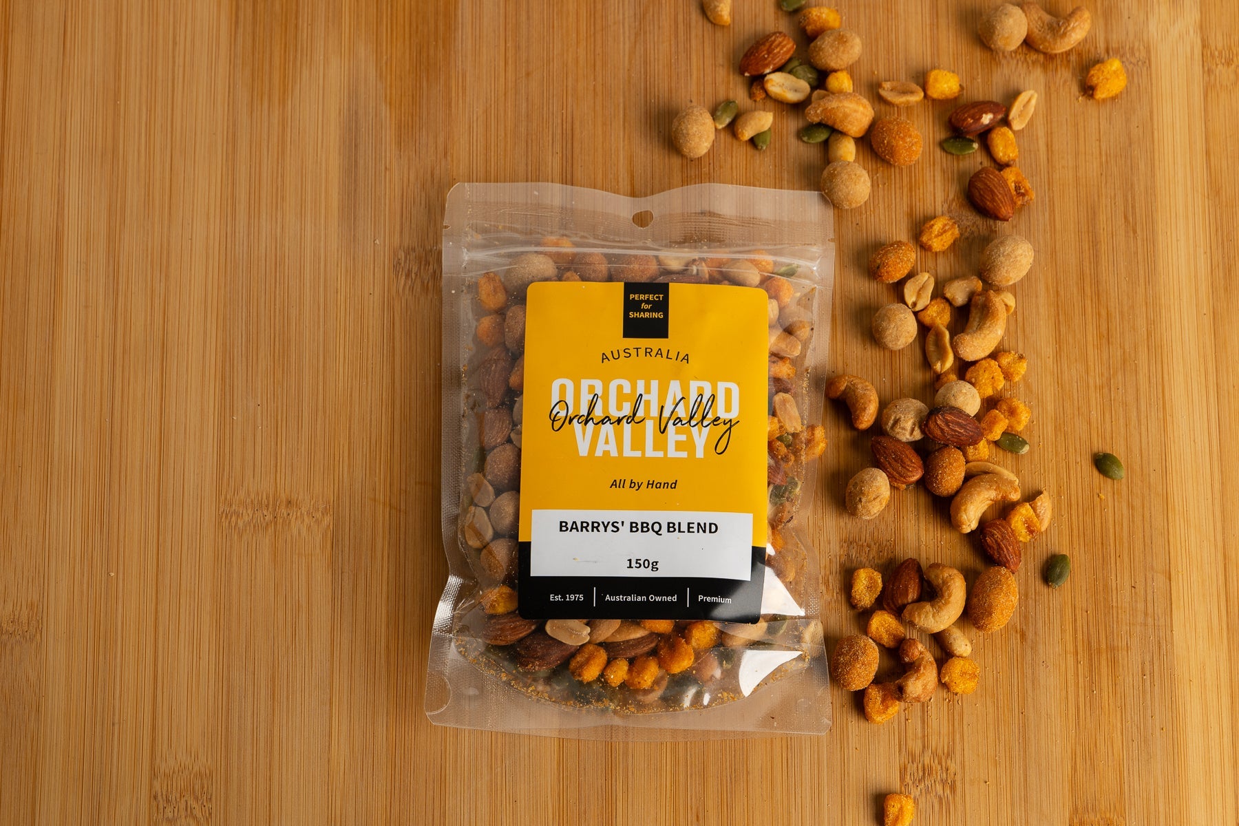 Orchard Valley Barry's BBQ Blend 150g tub — smoky-savoury nut and BBQ corn-nut mix