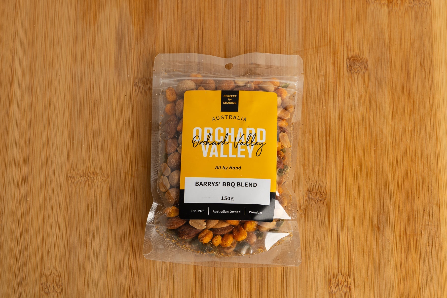 Orchard Valley Barry's BBQ Blend 150g — toasted peanuts, almonds and cashews with BBQ corn nuts