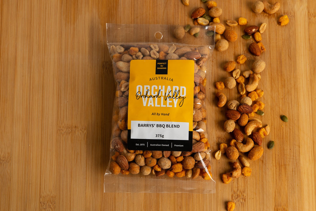 Orchard Valley Barry's BBQ Blend 375g packet — smoky BBQ nut mix with peanuts, almonds, cashews, pepitas and corn nuts