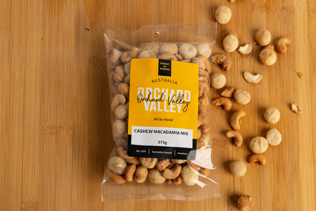 Orchard Valley Cashew Macadamia Mix 375g packet — roasted lightly-salted cashews and macadamia nuts