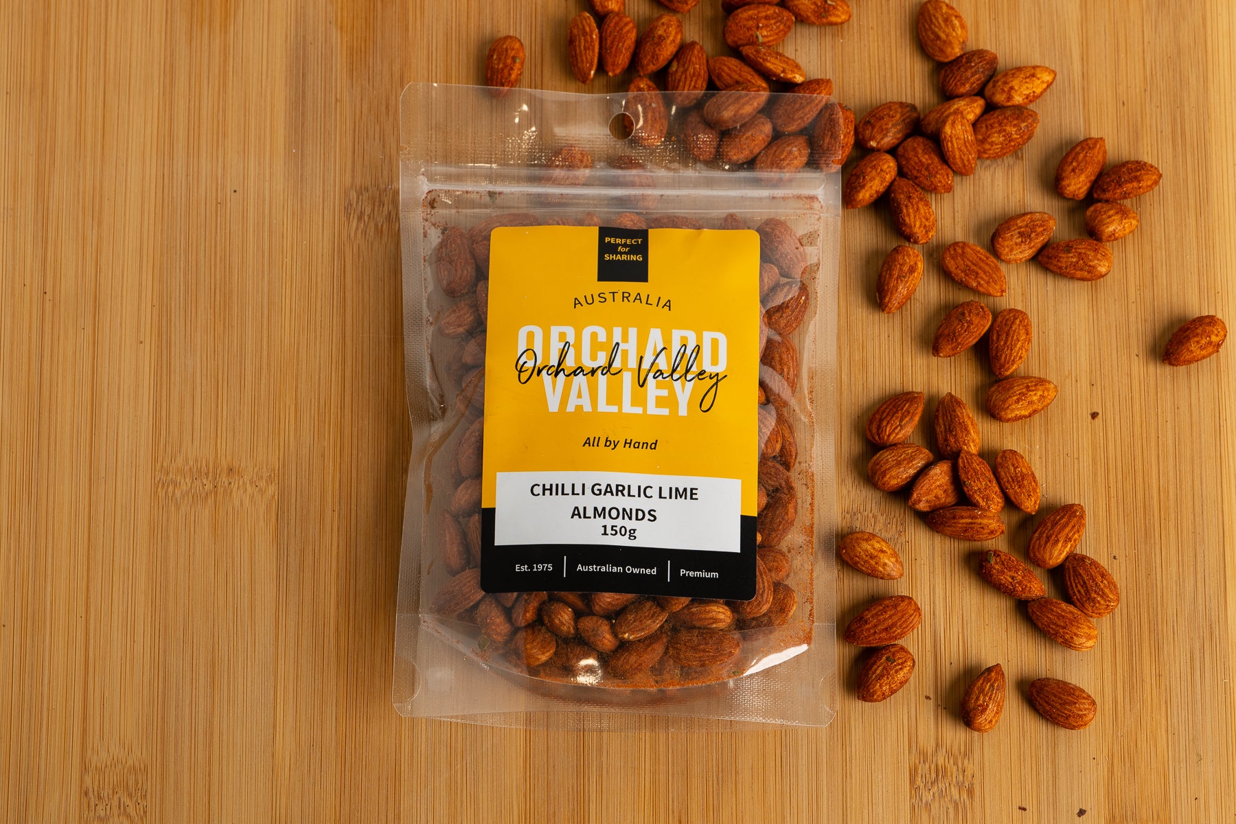 Orchard Valley Chilli Lime Garlic Almonds 150g pack — premium nuts for snacking and baking