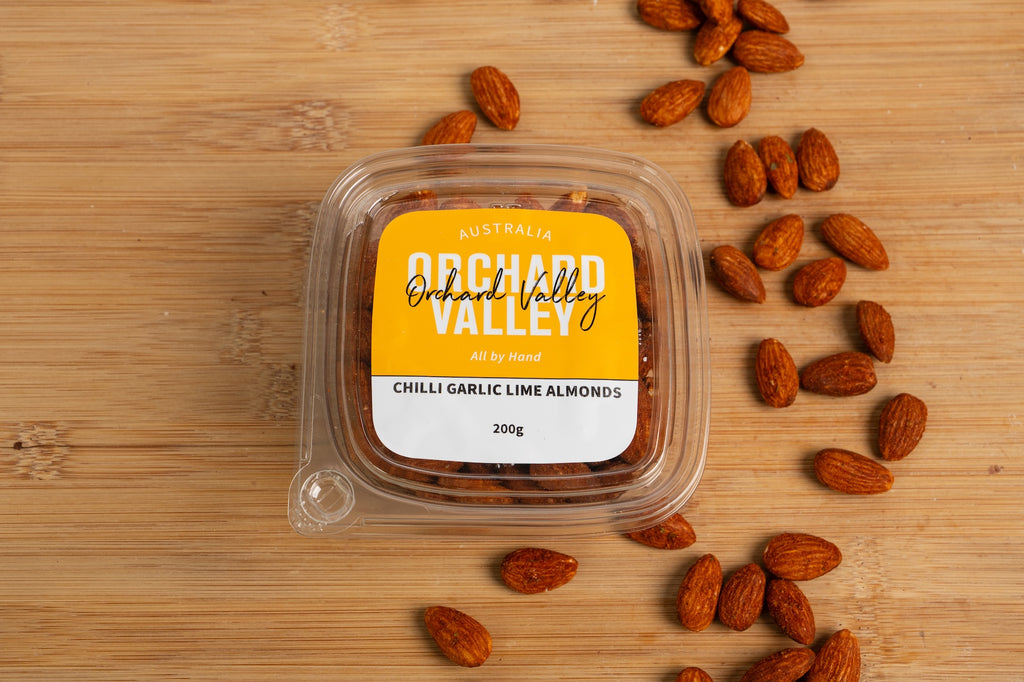 Orchard Valley Chilli Garlic Lime Almonds 200g pack — premium nuts for snacking and baking