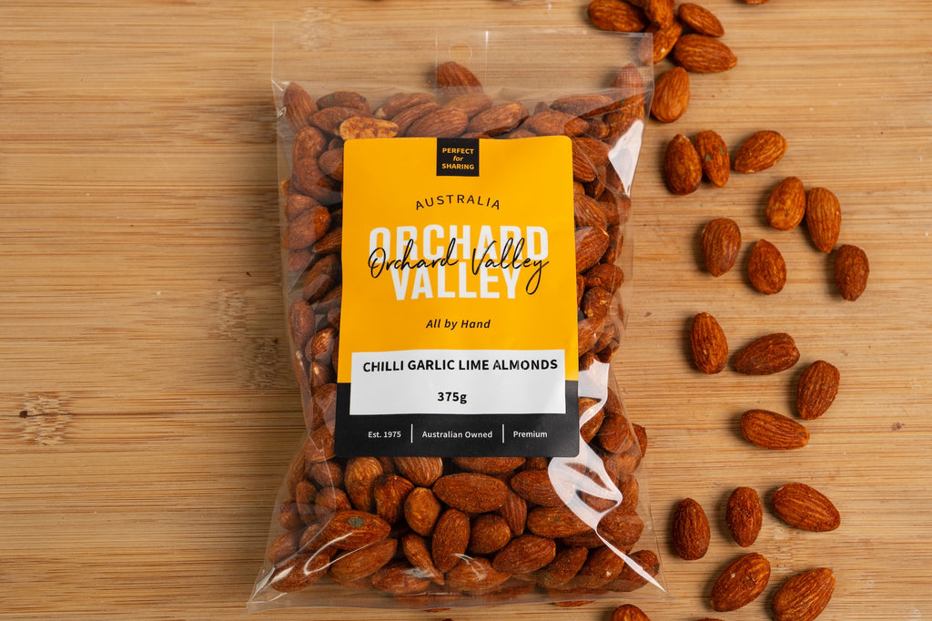 Orchard Valley Chilli Garlic Lime Almonds 375g pack — premium nuts for snacking and baking