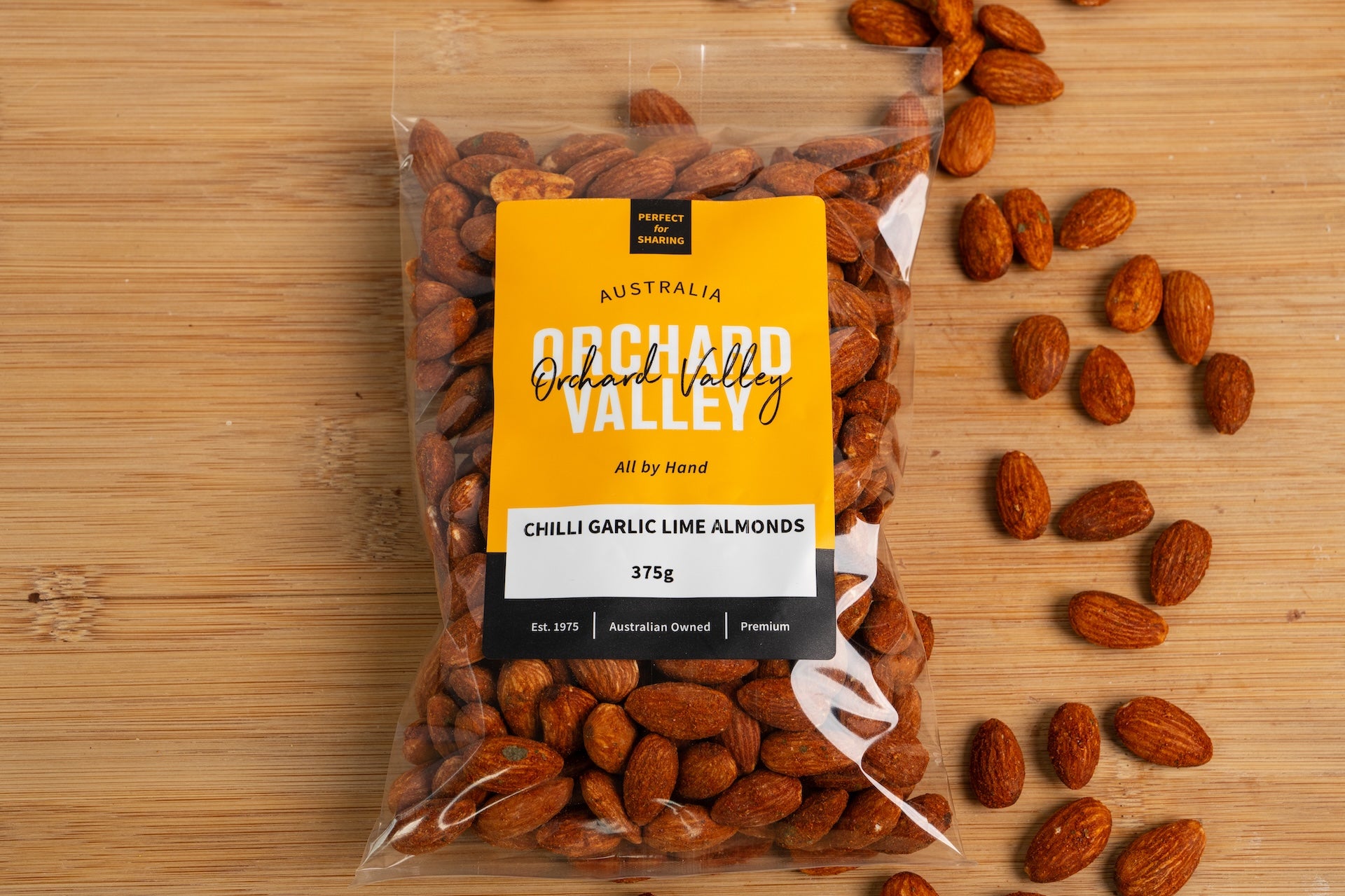 Orchard Valley Chilli Garlic Lime Almonds 375g pack — premium nuts for snacking and baking