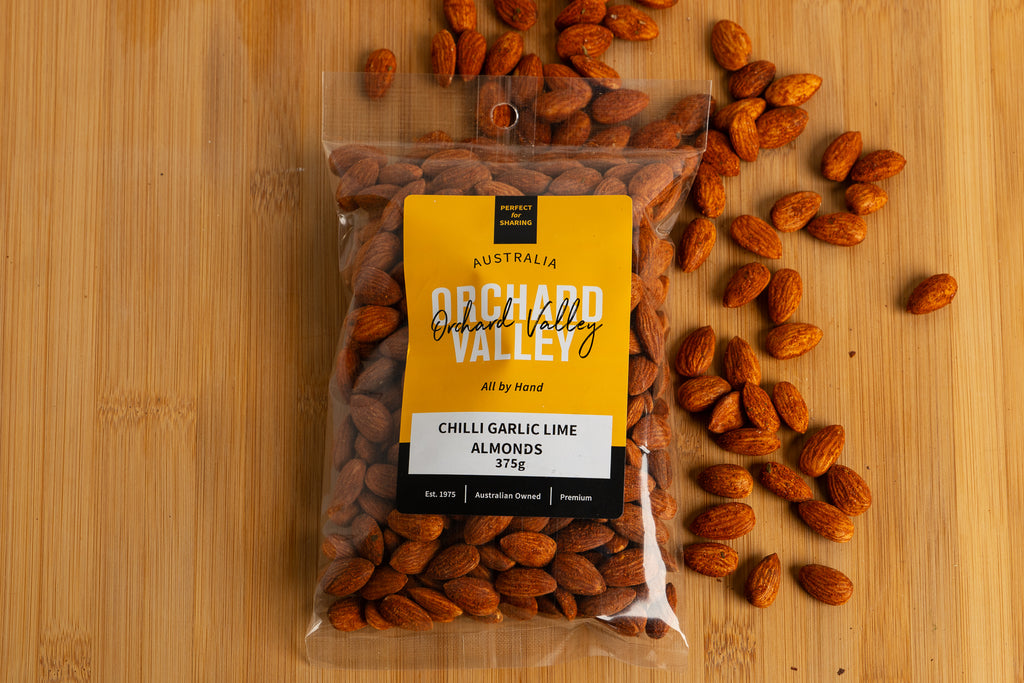 Orchard Valley Chilli Lime Garlic Almonds 375g pack — premium nuts for snacking and baking
