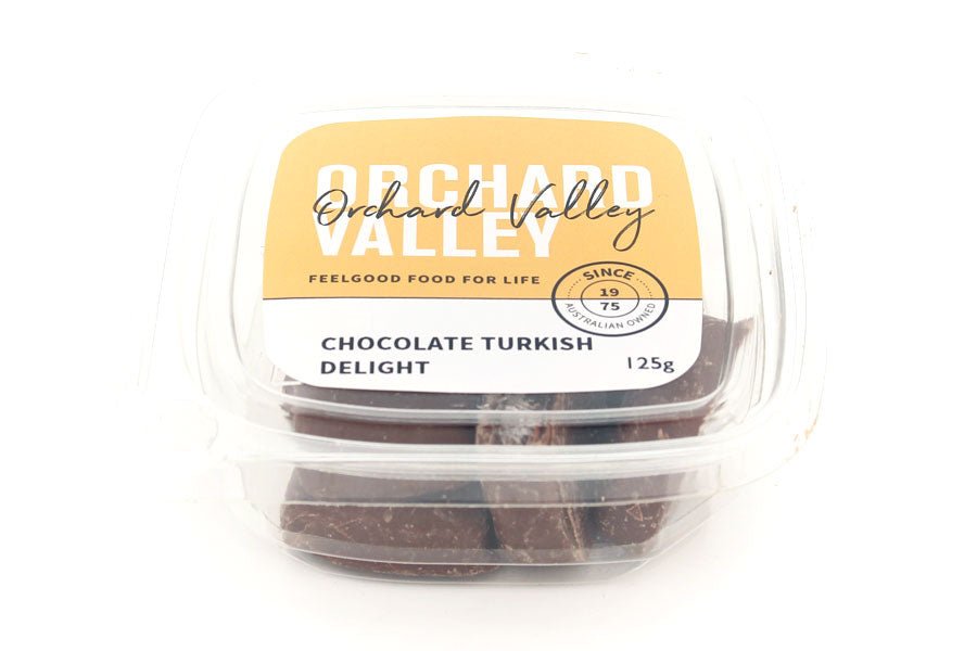 Orchard Valley Chocolate Turkish Delight 125g tub — Australian-made milk chocolate enrobing rose-flavoured Turkish delight