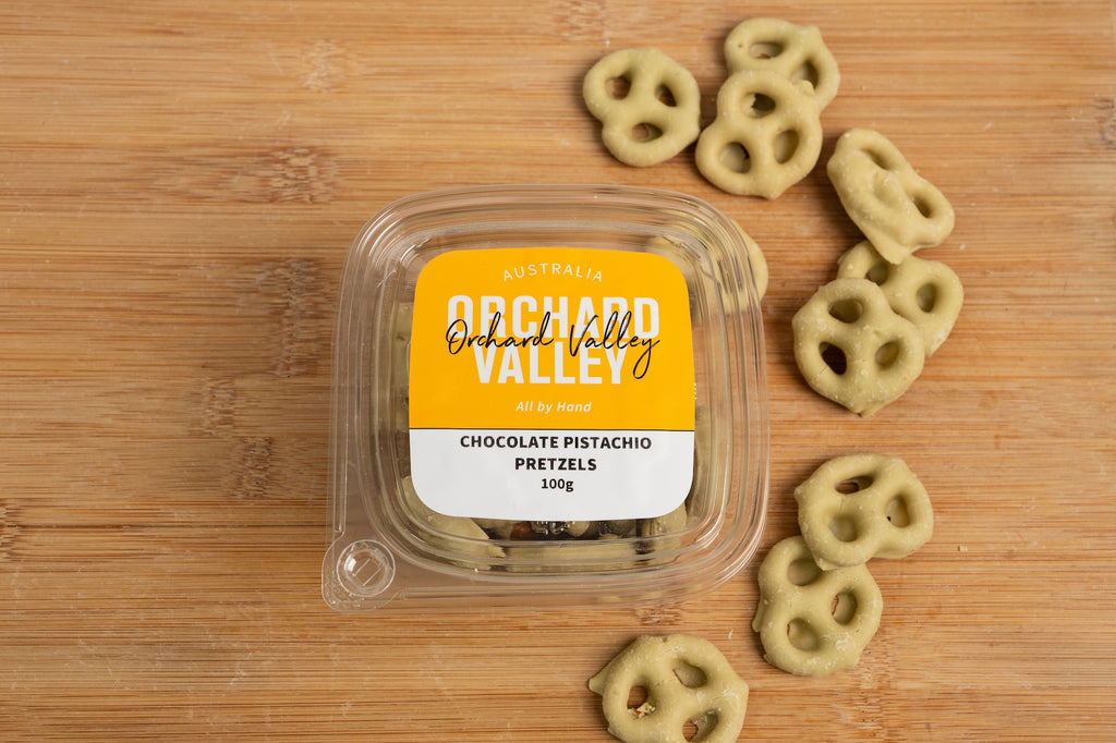 Orchard Valley Chocolate Pistachio Pretzels 100g pack — a gourmet chocolate treat