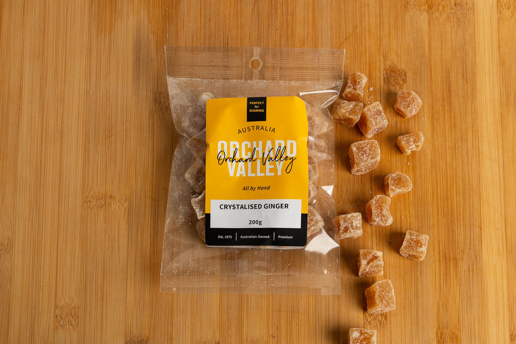 Orchard Valley Crystalised Ginger 200g pack — candied glace fruit for baking and grazing
