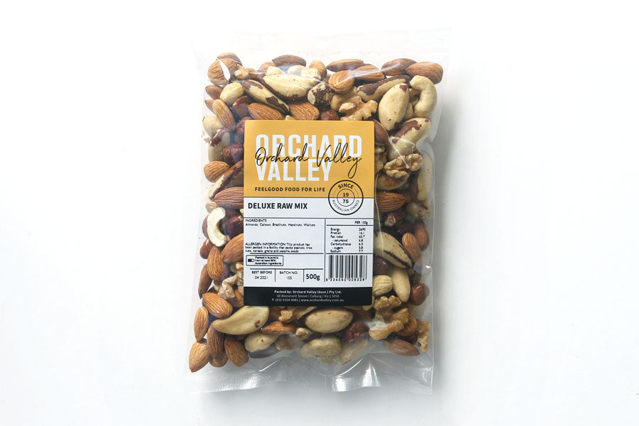 Orchard Valley Deluxe Raw Mix — almonds, walnuts, hazelnuts, cashews and Brazil nuts