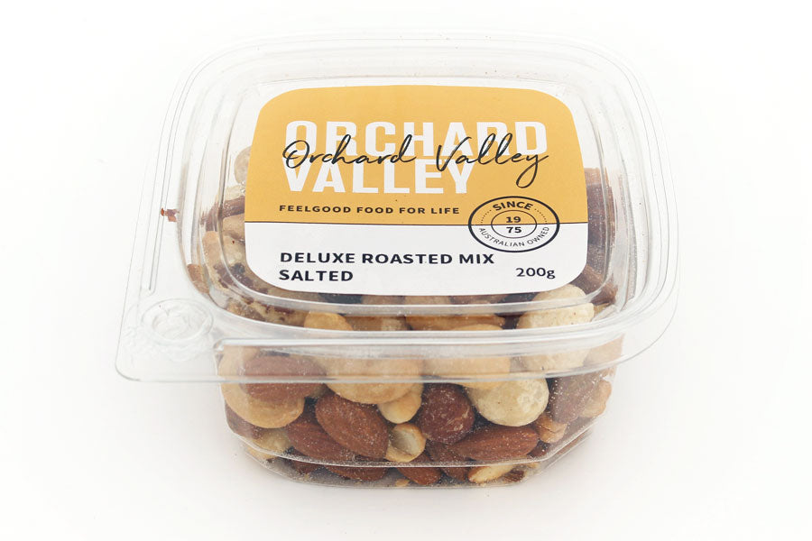 Orchard Valley Deluxe Roasted Mix Salted — roasted almonds, cashews, Brazil nuts, hazelnuts and macadamia with salt
