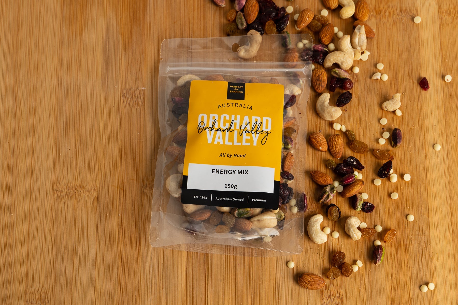 Orchard Valley Energy Mix 150g tub — sultanas, cranberries, cashews, almonds, pistachios and white chocolate buttons