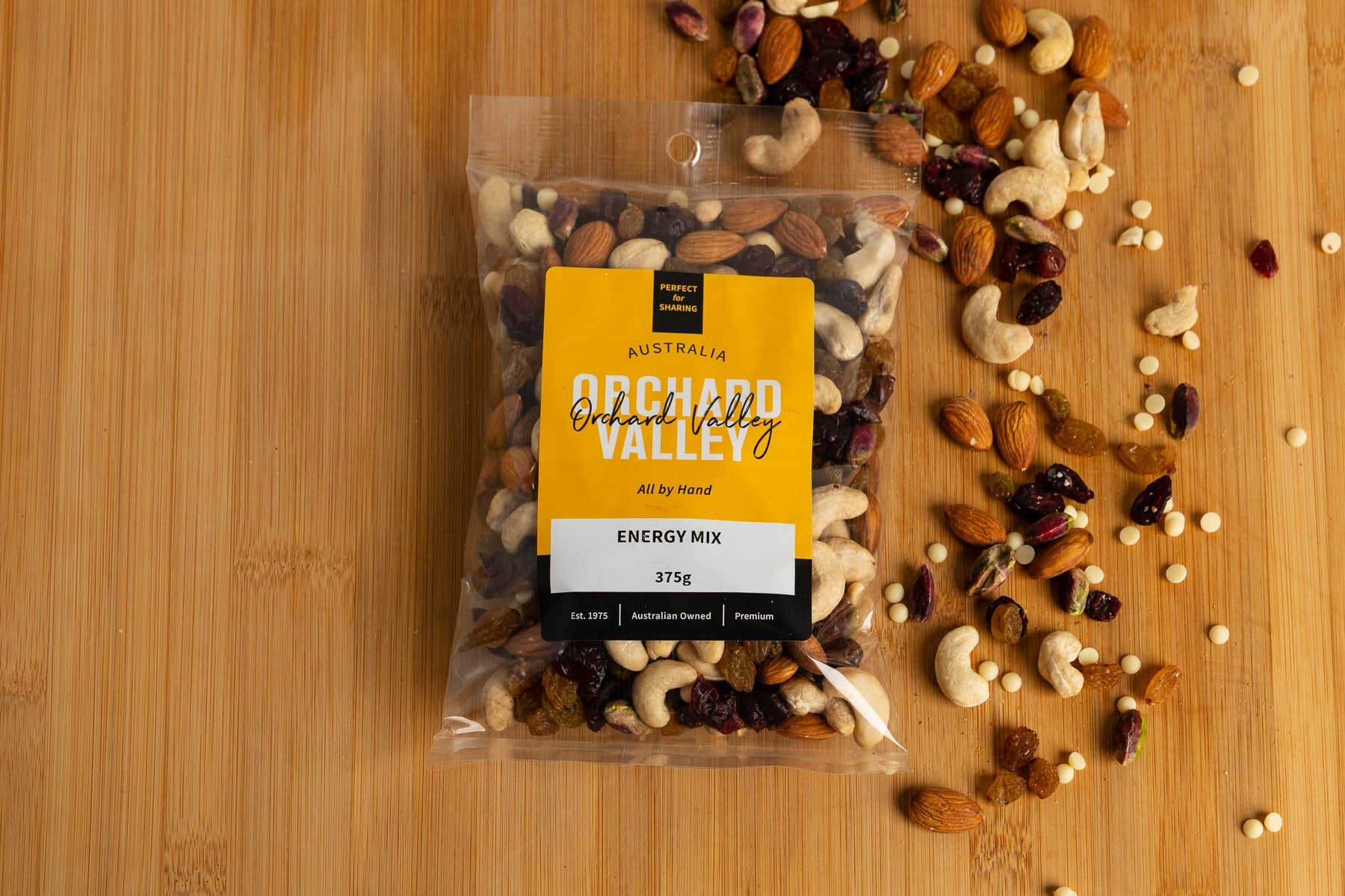 Orchard Valley Energy Mix 375g packet — trail mix with sultanas, cranberries, three nuts and white chocolate buttons
