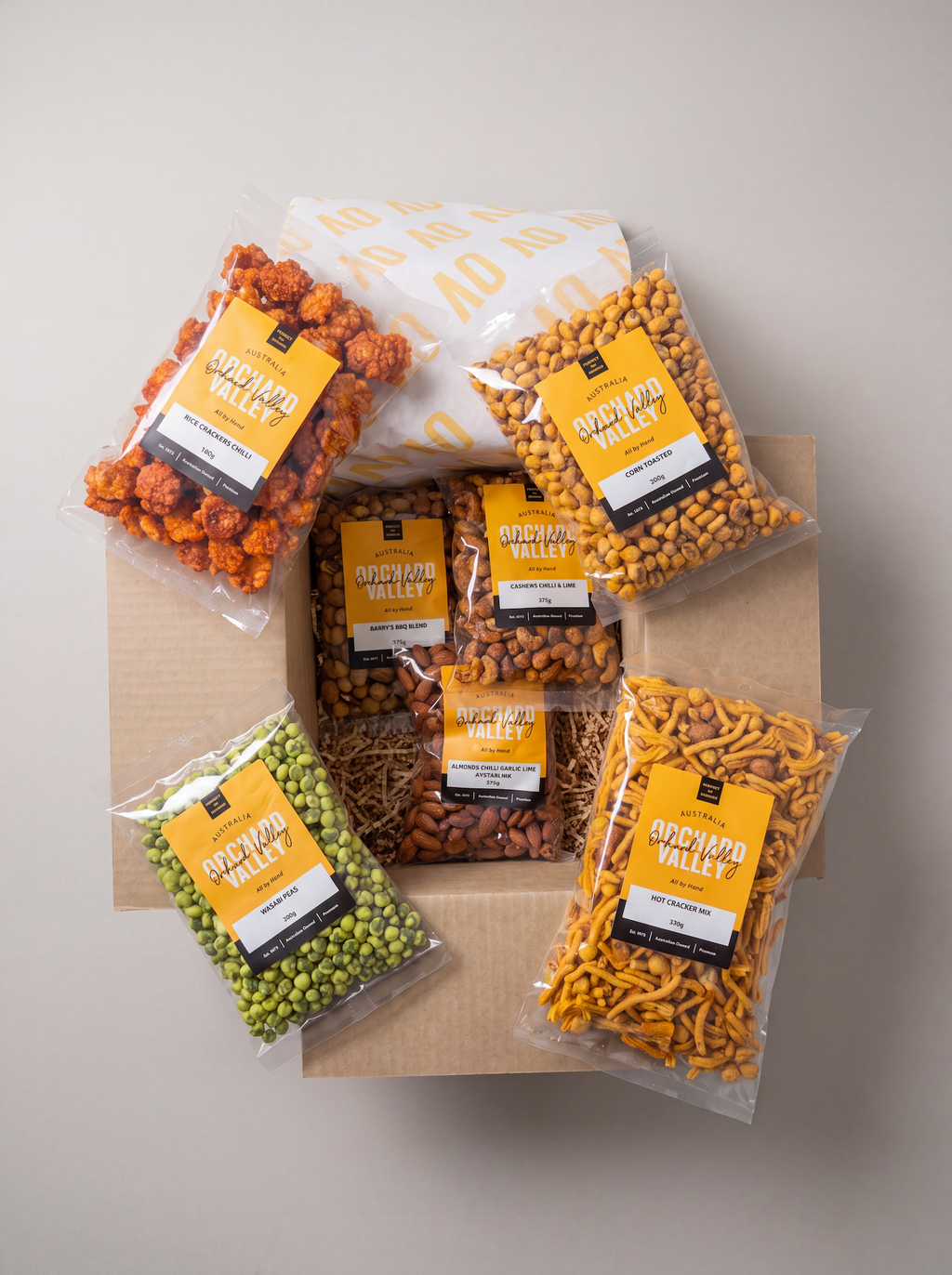 The Hot One Gift Box by Orchard Valley with chilli, wasabi and BBQ snacks