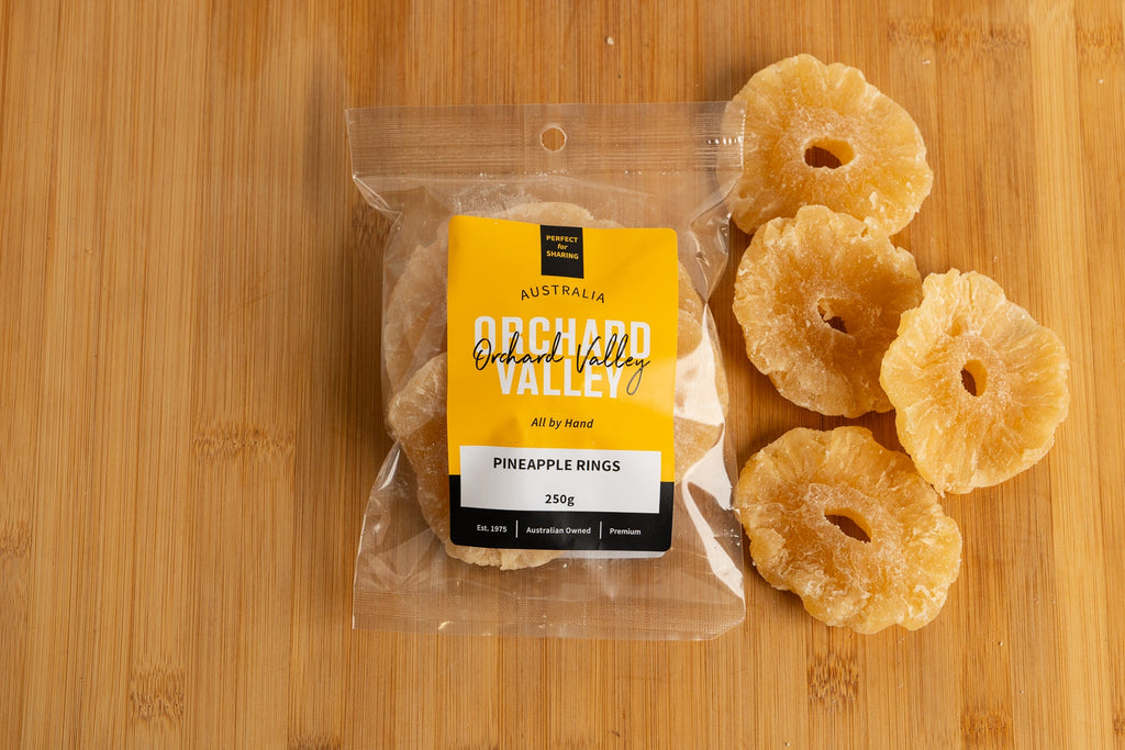 Orchard Valley Pineapple Rings 250g pack — naturally sweet dried fruit