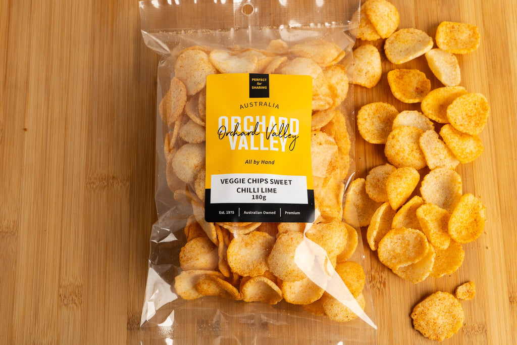 Orchard Valley Veggie Chips Sweet Chilli Lime 180g pack — a crunchy savoury snack