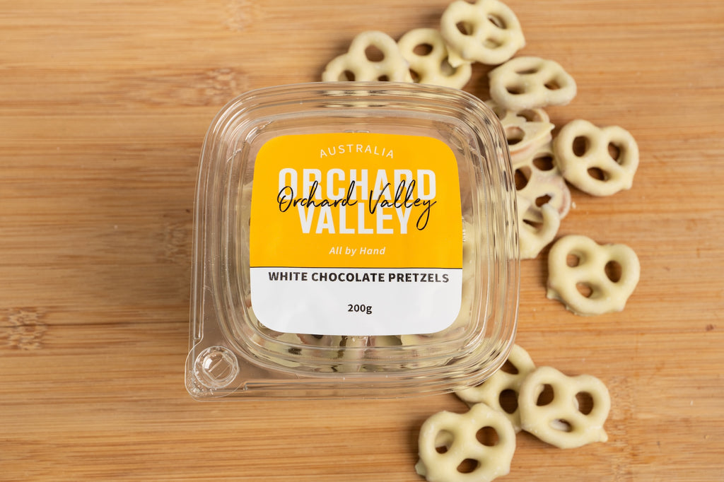Orchard Valley White Chocolate Pretzels 200g pack — a gourmet chocolate treat