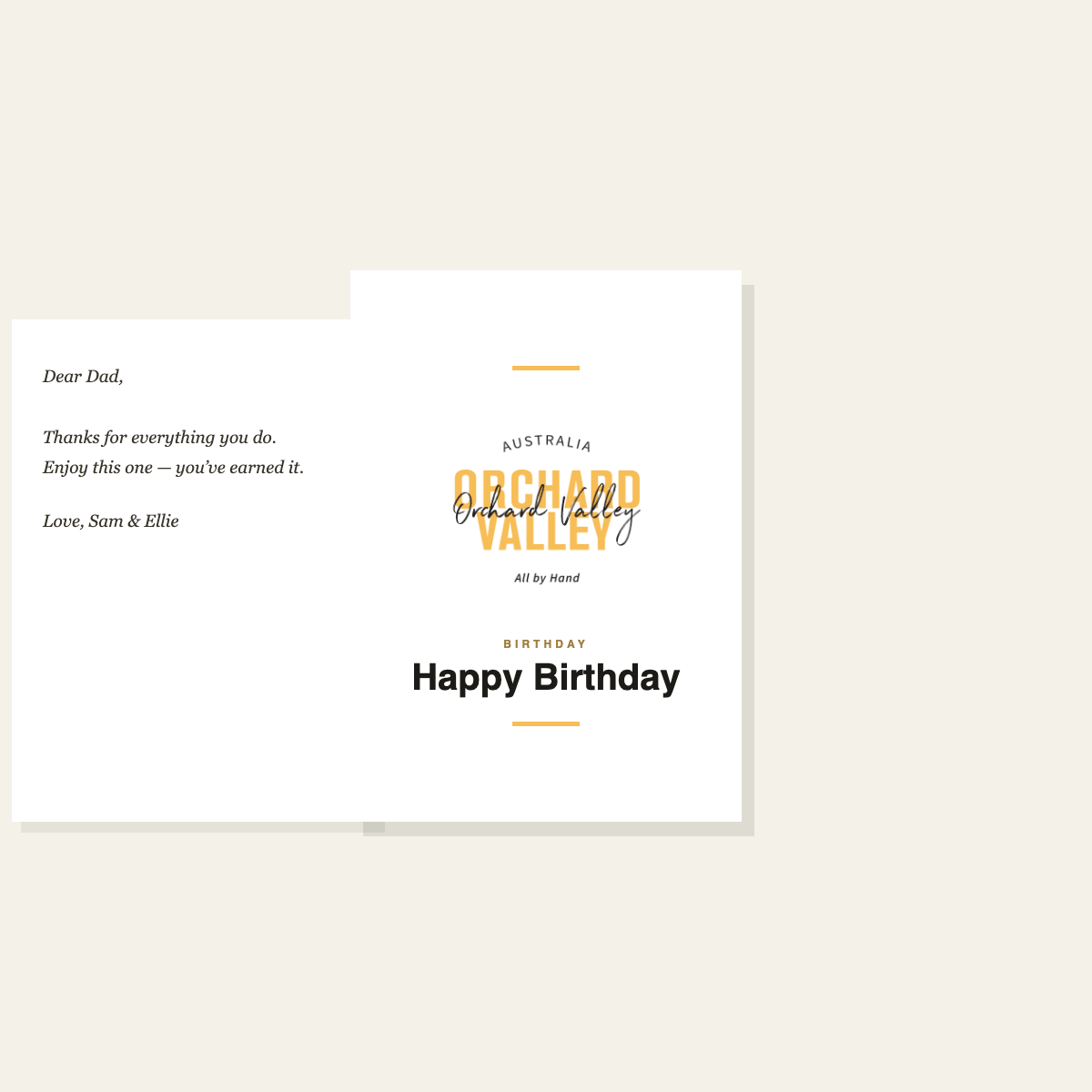 Orchard Valley custom printed card, folded, shown open and closed