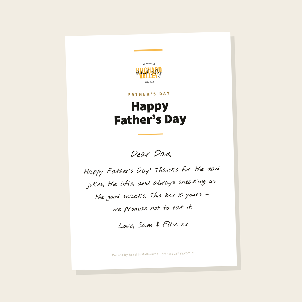 Sample Orchard Valley Father's Day card — your message printed on 150gsm card, packed with your order